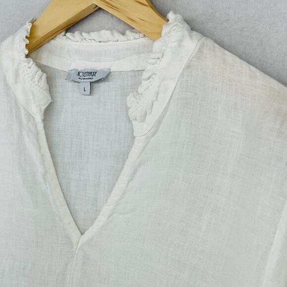 ROSE MARINE Top L Linen Tunic Ruffle V-Neck Roll Tab Sleeve Off White Italy - Picture 8 of 13